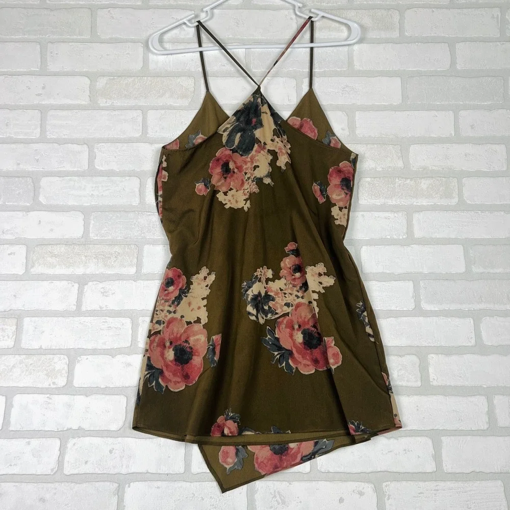 Intimately Free People XS Olive Green Floral Cami Cross Back Spaghetti Strap Top